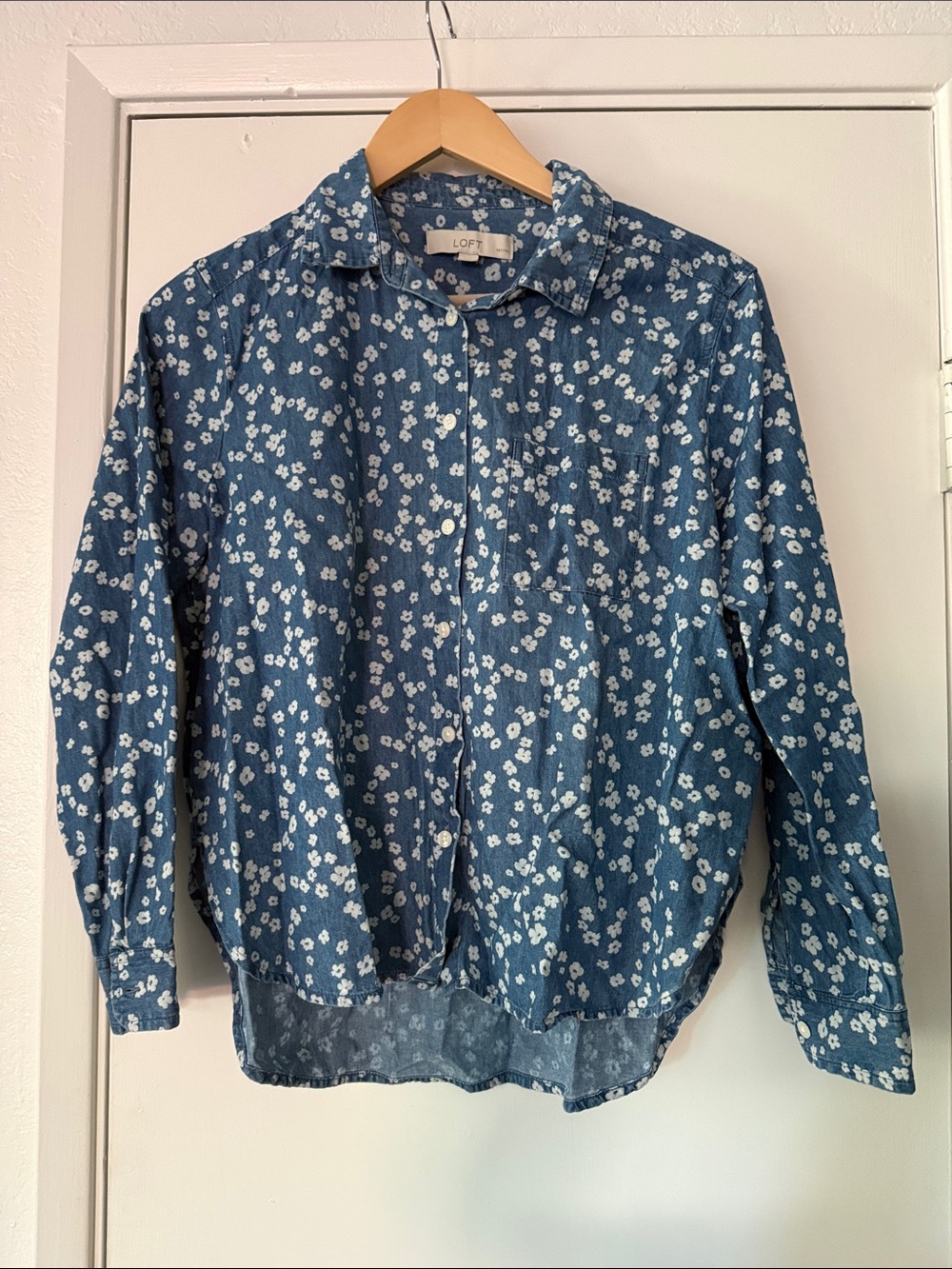 LOFT Chambray Blue Floral Button-Up Top